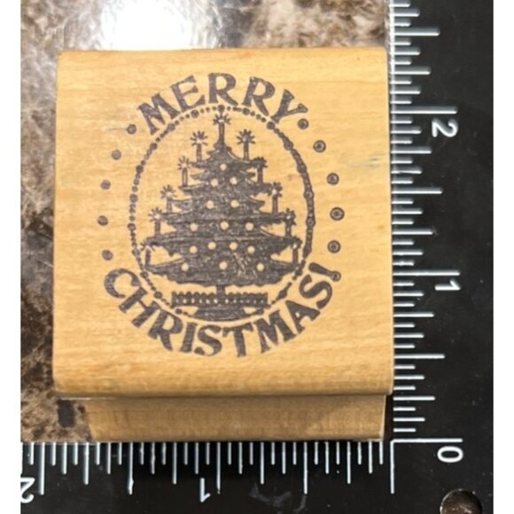 Vintage Wood Mounted Rubber Stamp Merry Christmas Tree Design Rubber Stampede - Picture 1 of 5